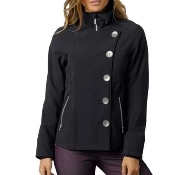 PrAna Asymmetrical Button Front Black Pea coat Soft Shell Jacket Water Repellant - Picture 3 of 15